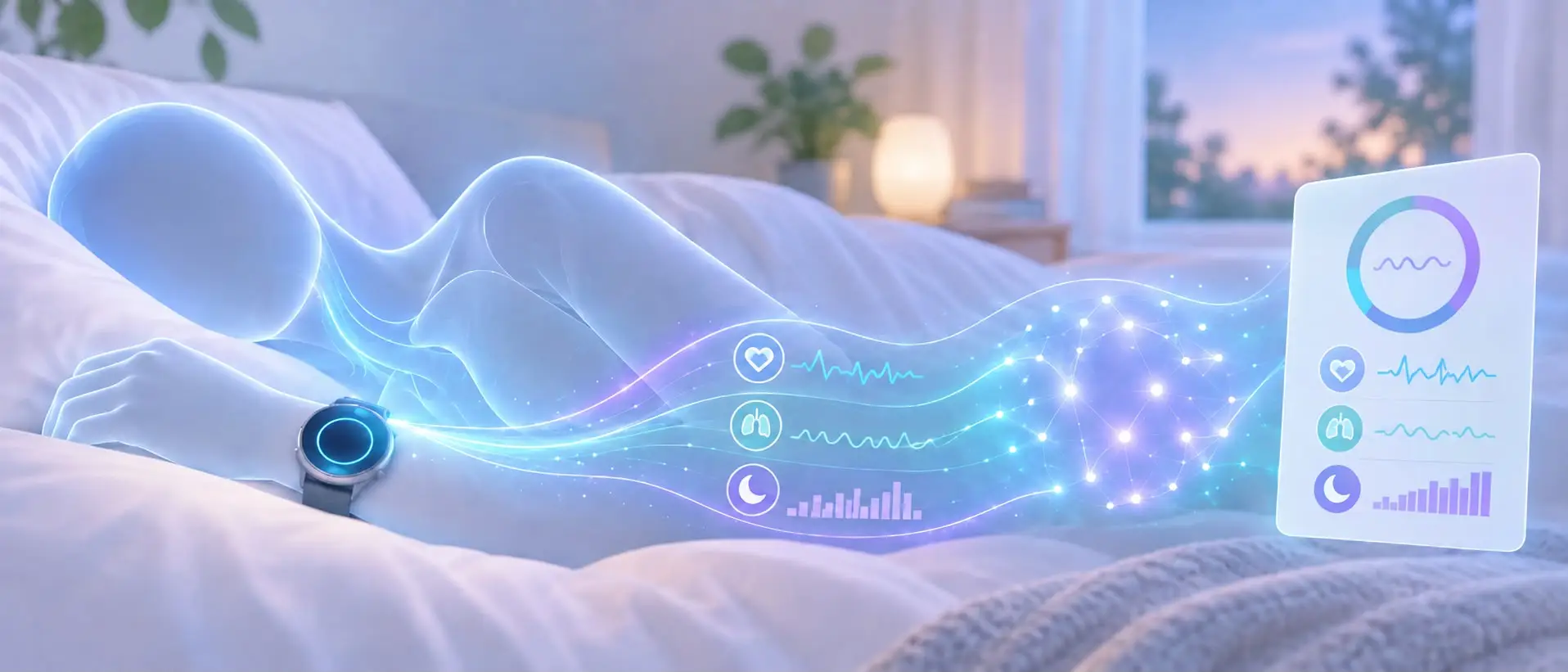 A digital figure lies in bed wearing a smartwatch, with holographic health and sleep data displayed.
